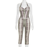 Snake Print Halterneck Tops Pants Suit GSZM-C25ST208