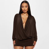 Solid Color Loose Deep V Neck Mini Dress GSZM-D25DS345