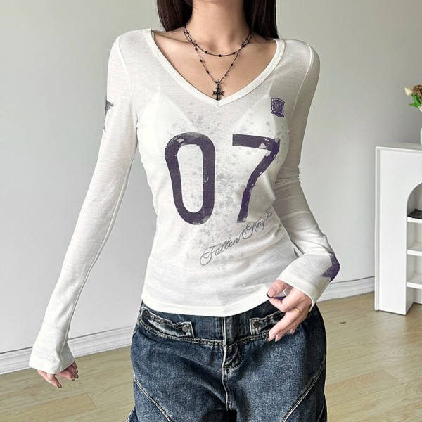 V Neck Print Long Sleeve T Shirts XEF-K24L52070