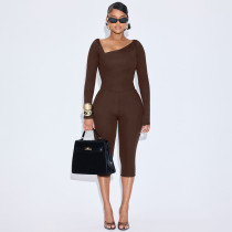Slash Neck Long Sleeve Cropped Pants Suit MXBF-D25ST327