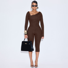 Slash Neck Long Sleeve Cropped Pants Suit MXBF-D25ST327