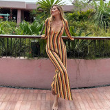 V Neck Long Sleeve Stripe Maxi Dress GNZD-32544DBY