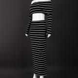 Stripe One Shoulder Long Sleeve Skirt Suit GNZD-41962SBG