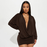 Solid Color Loose Deep V Neck Mini Dress GSZM-D25DS345