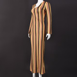 V Neck Long Sleeve Stripe Maxi Dress GNZD-32544DBY