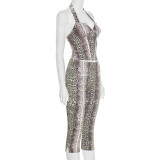 Snake Print Halterneck Tops Pants Suit GSZM-C25ST208
