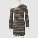 Slash Shoulder Knits Long Sleeve Mini Dress GNZD-42168DBG