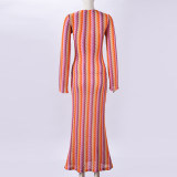 V Neck Long Sleeve Stripe Maxi Dress GNZD-32544DBY