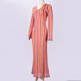 V Neck Long Sleeve Stripe Maxi Dress GNZD-32544DBY
