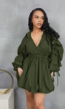Plus Size Solid Color Drawstring Shirt Dress NY-3735