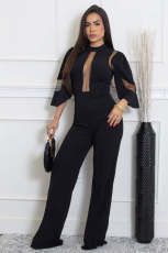 Mesh Patchwork Tie Up Wide Leg Jumpsuit OSM-4490