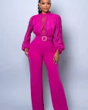 Hollow Out Tie Up Wide Leg Jumpsuit OSM-4491
