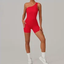 Solid Color Single Shoulder Fitness Romper GQSA-1312