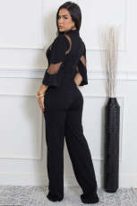 Mesh Patchwork Tie Up Wide Leg Jumpsuit OSM-4490