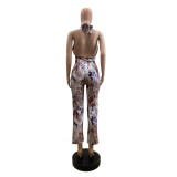 Print Halterneck Backless Loose Jumpsuit GSMJ-6062