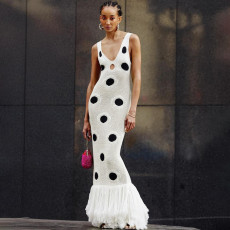 Black Polka-dot Sleeveless Tassel Long Dress GSLF-W25D78177