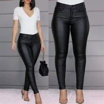 Plus Size Solid Color PU Leather Casual Pants GWTC-W0314