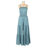 Solid Color Wrap Chest Denim Maxi Dress AIL-331