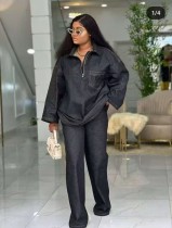 Long-Sleeved Embroidered Loose-Fit Denim Pants Set GMYU-6636