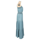 Solid Color Wrap Chest Denim Maxi Dress AIL-331