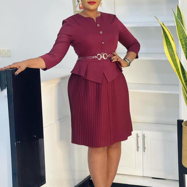 Plus Size Solid Color Press Pleated Midi Dress GATE-595