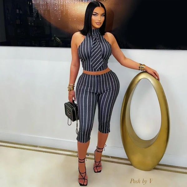 Stripe Sleeveless Lapel Two Piece Set GSMJ-6063
