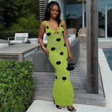 Black Polka-dot Sleeveless Tassel Long Dress GSLF-W25D78177