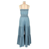 Solid Color Wrap Chest Denim Maxi Dress AIL-331