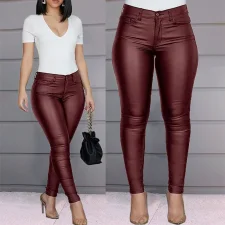 Plus Size Solid Color PU Leather Casual Pants GWTC-W0314