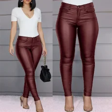 Plus Size Solid Color PU Leather Casual Pants GWTC-W0314