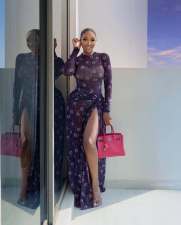 Mesh Print Long Sleeve Split Maxi Dress QODY-6067