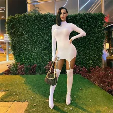 Long Sleeve Solid Color Mini Dress+Stockings 2 Piece Set GWTC-W0316