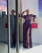 Mesh Print Long Sleeve Split Maxi Dress QODY-6067