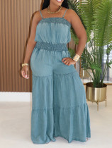 Solid Color Wrap Chest Denim Maxi Dress AIL-331