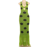 Black Polka-dot Sleeveless Tassel Long Dress GSLF-W25D78177