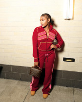 Color Block Long Sleeve Sport Two Piece Pants Set QXLB-10158