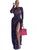 Mesh Print Long Sleeve Split Maxi Dress QODY-6067