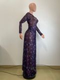Mesh Print Long Sleeve Split Maxi Dress QODY-6067