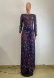 Mesh Print Long Sleeve Split Maxi Dress QODY-6067