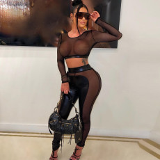 Sexy Mesh See Through Patchwork T Shirt Pant Suit GYHF-9075SD