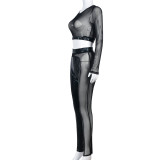 Sexy Mesh See Through Patchwork T Shirt Pant Suit GYHF-9075SD