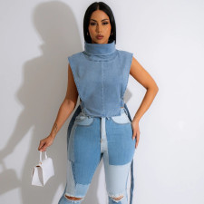 Tie Up Stand Collar Denim Vest Tops GYHF-9189TD