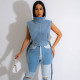 Tie Up Stand Collar Denim Vest Tops GYHF-9189TD