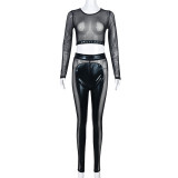Sexy Mesh See Through Patchwork T Shirt Pant Suit GYHF-9075SD