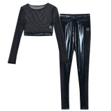 Sexy Mesh See Through Patchwork T Shirt Pant Suit GYHF-9075SD
