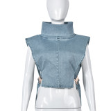 Tie Up Stand Collar Denim Vest Tops GYHF-9189TD