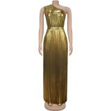 Hot Stamping Slash Shoulder Sleeveless Maxi Dress BY-7506