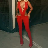 Deep V Neck Tie Up Bodysuit Pants Suit  XEF-K25S78349