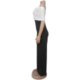 V Neck Black White Color Block Jumpsuit BY-7498