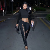 Long Sleeve Hollow Out Bandage Pants 2 Piece Set DLSF-K25S80632